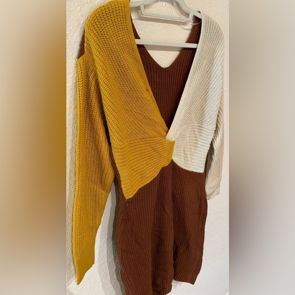 NEW Ashley Stewart Colorblock Cable Knit V-Back Knot Sweater Dress Size 14/16 - Picture 7 of 10